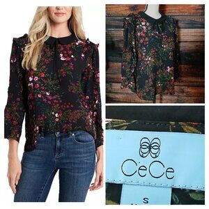 CeCe Top S Ruffle Blouse Black Floral Pan Collar Cropped Sleeves